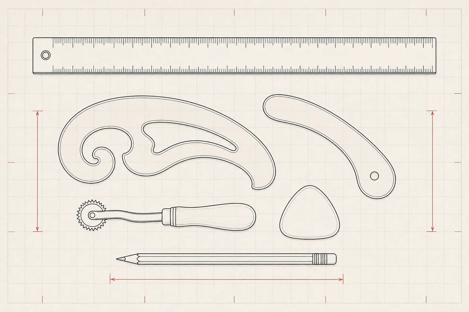 Pattern-drafting tools laid out on paper from above: metal ruler, French curve, hip curve, tracing wheel, chalk and pencil.