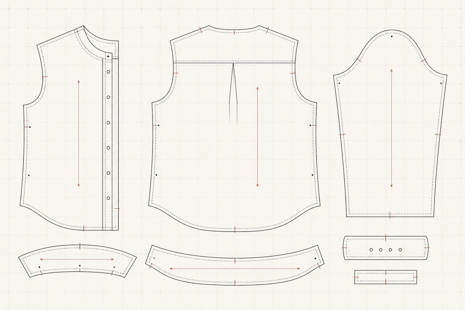 Flat paper pattern pieces for a shirt spread on a cutting table: front, back, sleeve, cuff and collar, with notches and grain lines.