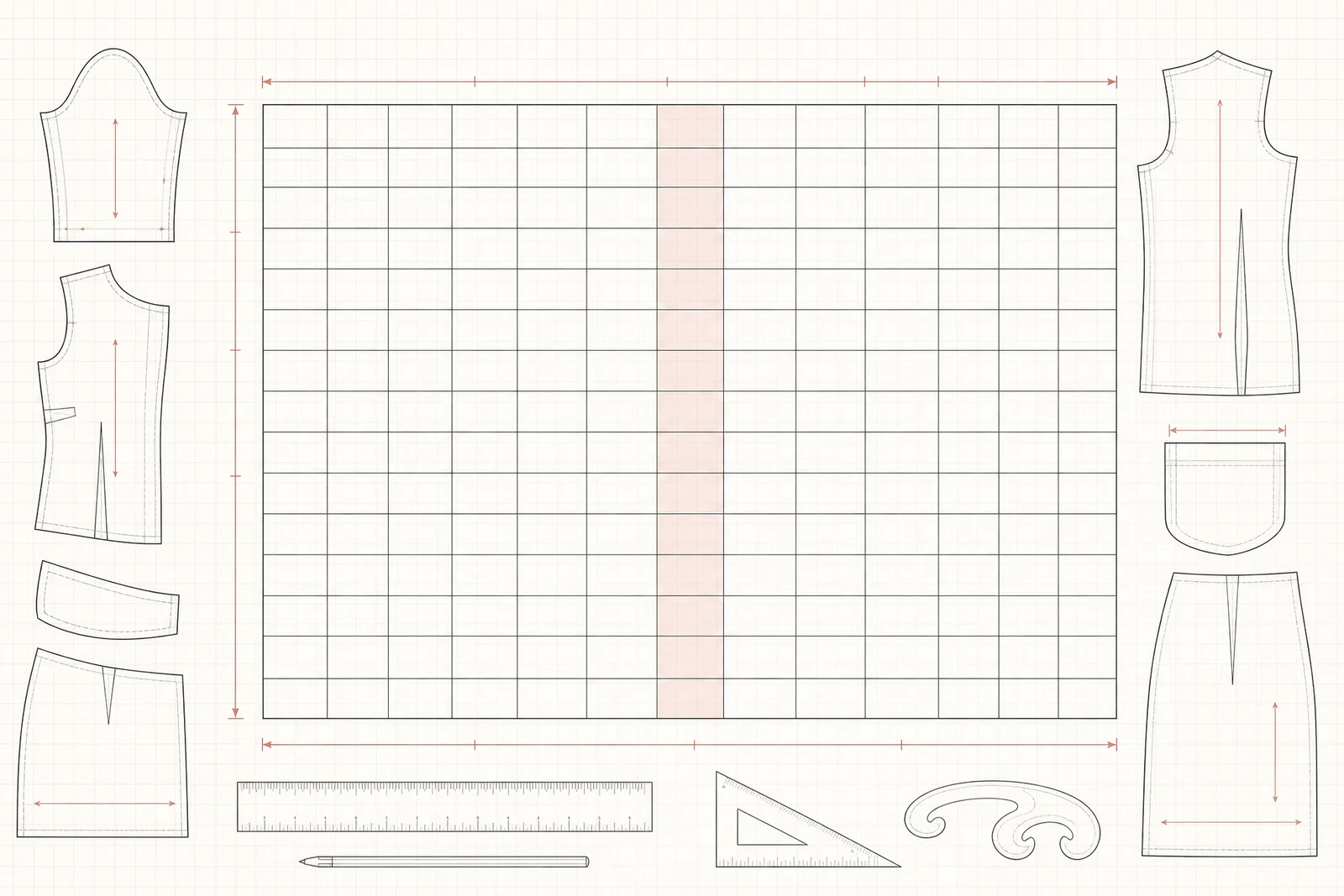 An empty ruled measurement grid drawn on pattern paper, surrounded by flat pattern pieces and drafting tools, with one column of the grid tinted.