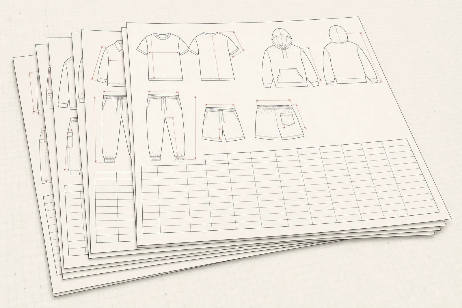 A fanned stack of blank apparel spec sheets, the top sheet showing garment flats above an empty ruled table.