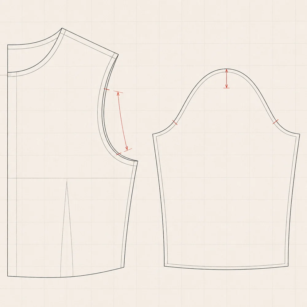 Technical flat detail of an empty armhole with the sleeve cap laid out beside it.