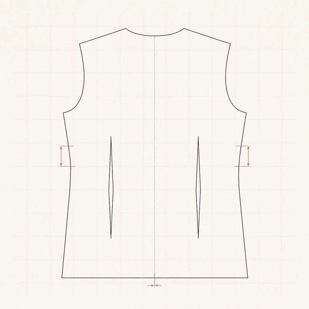 Technical flat detail of a back panel with two vertical shaping darts, laid flat.