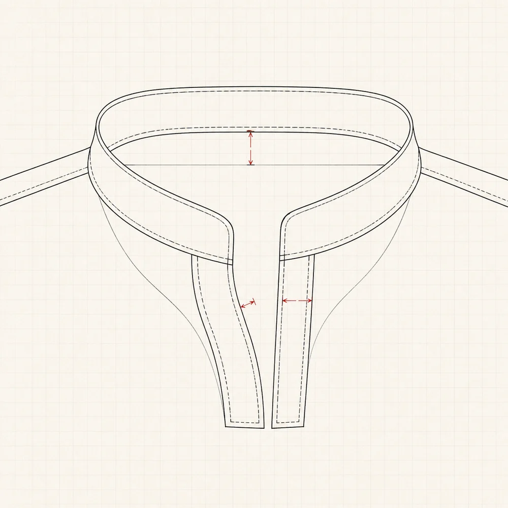Technical flat detail of a collar stand and neckline opening, seen from above.