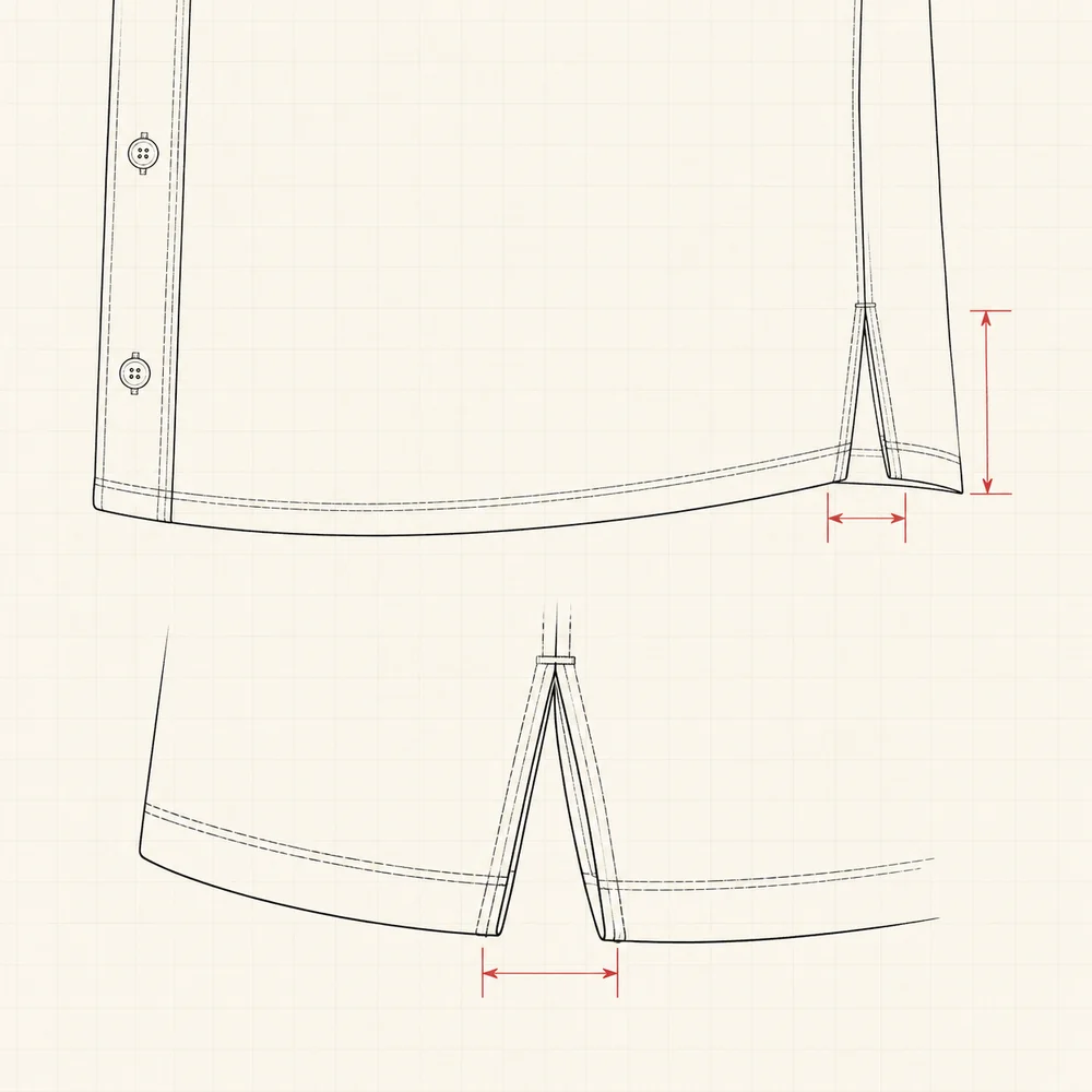 Technical flat detail of a straight hem and side seam vent, laid flat.