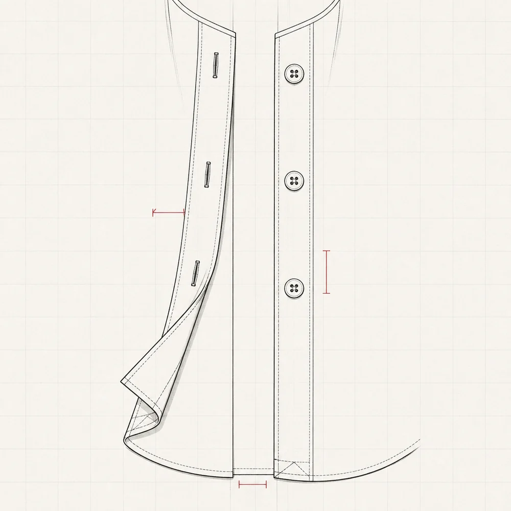 Technical flat detail of a front button placket with buttonholes, laid flat.