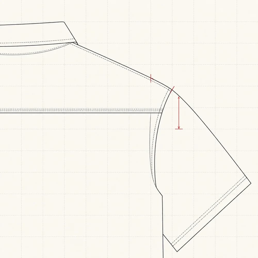 Technical flat detail of a shoulder and back yoke seam, laid flat.