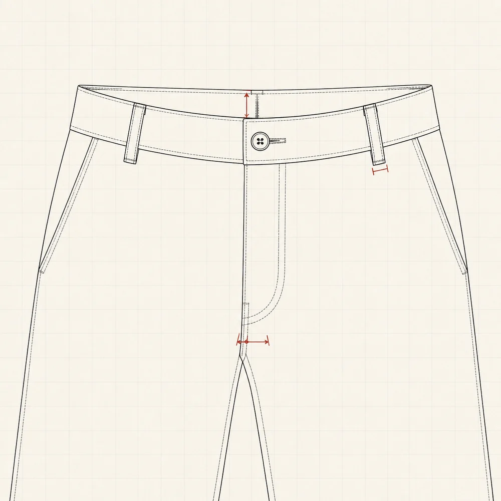 Technical flat detail of a trouser waistband, belt loops and front rise, laid flat.