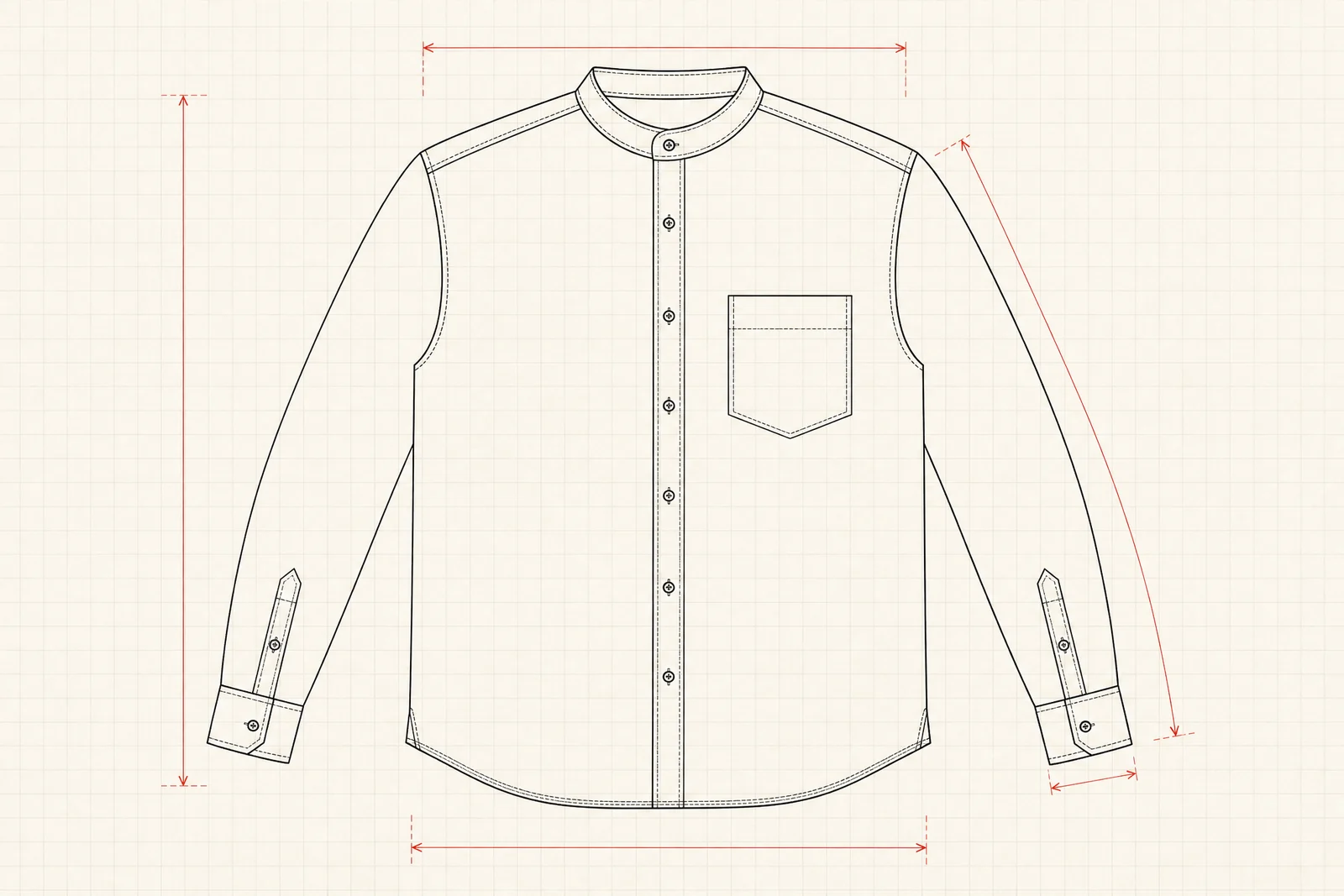 Technical flat drawing of a shirt, shown empty and laid flat.